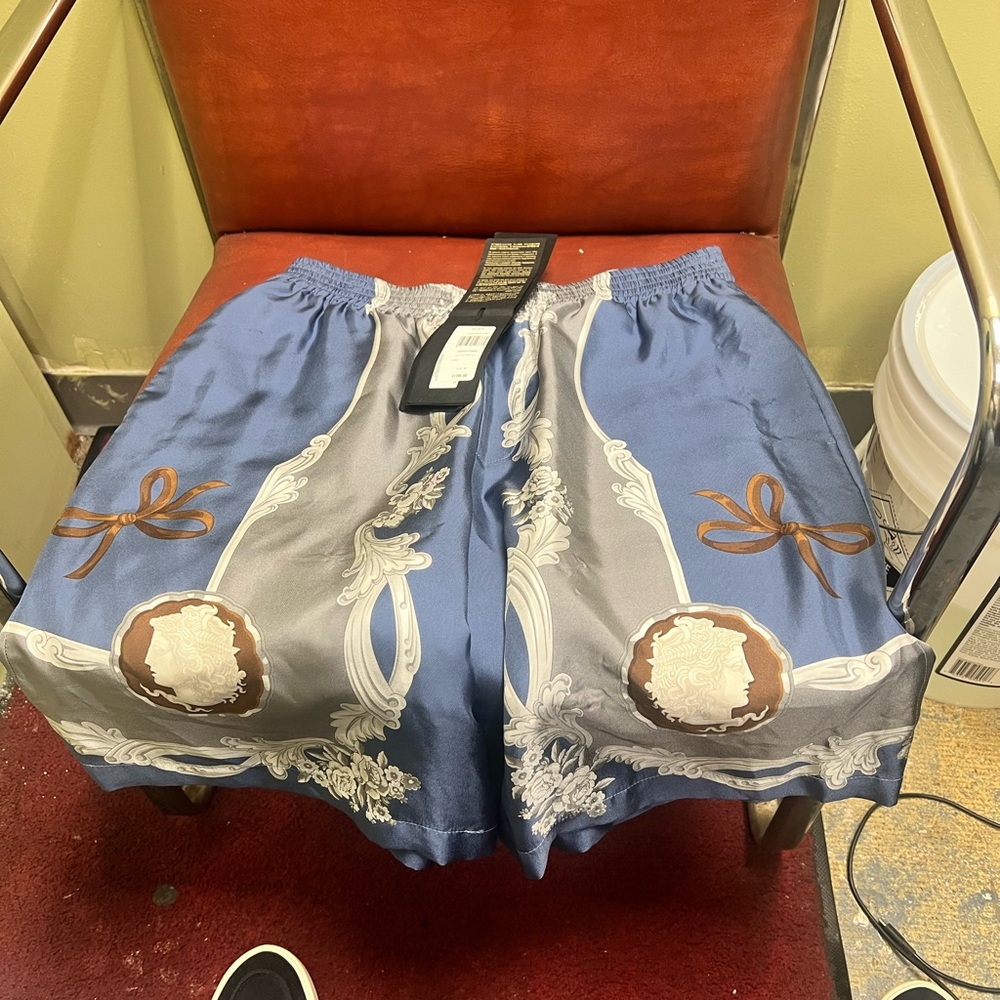 Versace Blue and Gray Athletic Shorts with Medallion Design